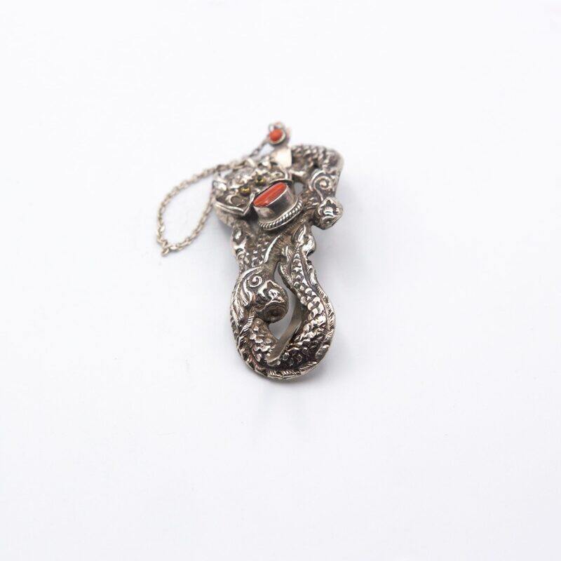 Exquisite 925 Sterling Silver Vintage Chinese Carved Dragon with Coral Belt Buckle, Silver