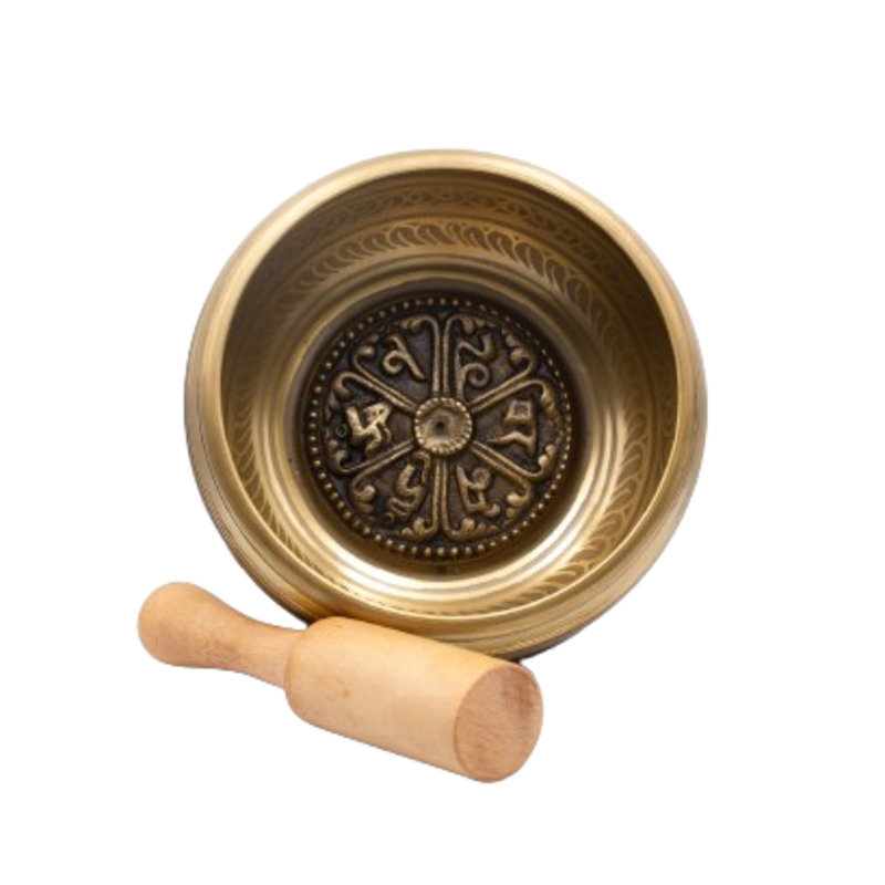 Authentic Himalayan Handcrafted Dharmachakra Singing Bowl Single Set with Traditional Wooden Striker, Gold