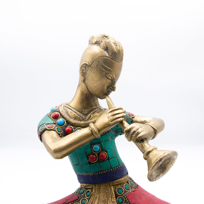 Exquisite Musician Lady Shehnai Idol Handcrafted Brass Statue with Gemstones, Multicolour