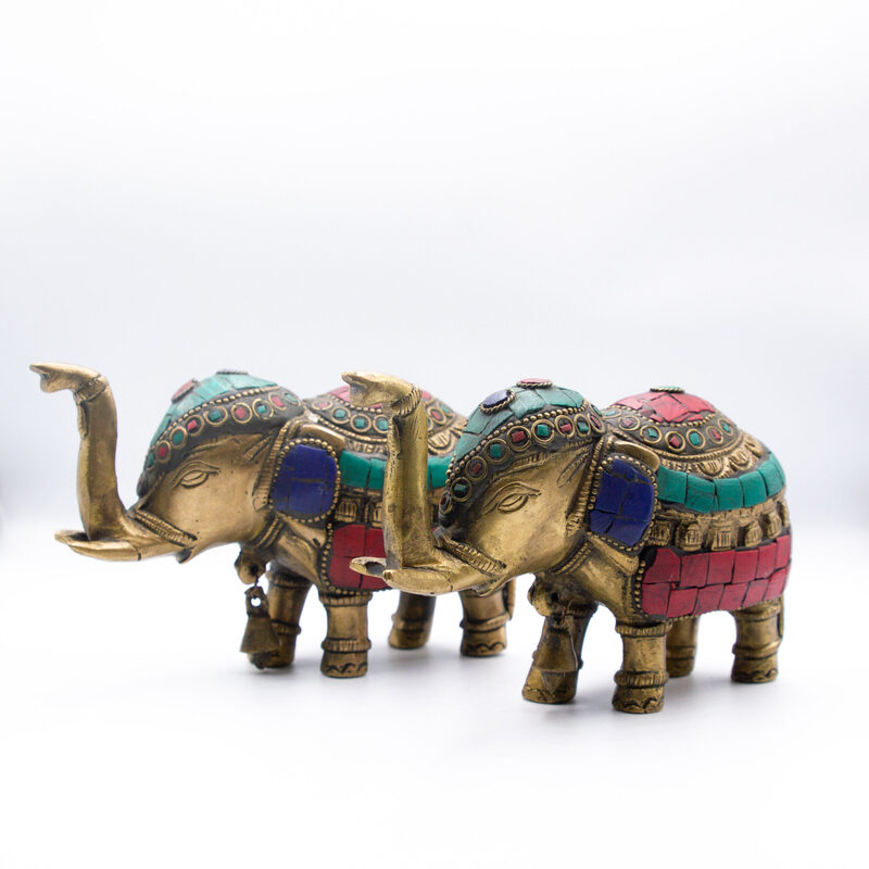 Engraved Antique Brass Elephant Figurines with Crystal Fittings, 2 Piece, Multicolour