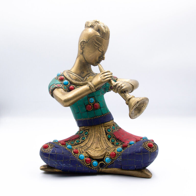 Exquisite Musician Lady Shehnai Idol Handcrafted Brass Statue with Gemstones, Multicolour