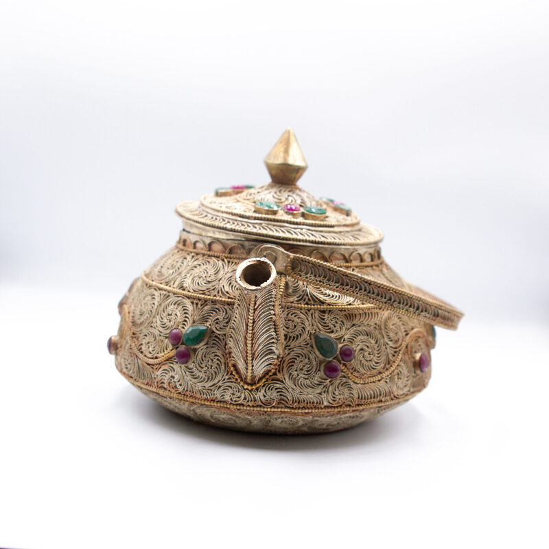 Handmade Antique Nepali Silver Inlaid Gemstone Filigree Teapot, Gold