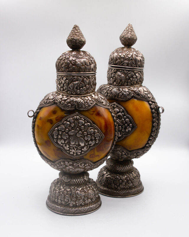 Silver & Amber Nas-pot Handmade Antique, Multicolour