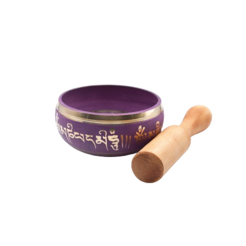 Authentic Himalayan Vibrant Handcrafted Singing Bowl Single Set with Traditional Wooden Striker, Small, Purple/Gold