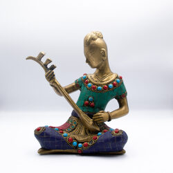 Exquisite Musician Lady Vina Idol Handcrafted Brass Statue with Gemstones, Multicolour