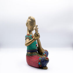 Exquisite Musician Lady Vina Idol Handcrafted Brass Statue with Gemstones, Multicolour