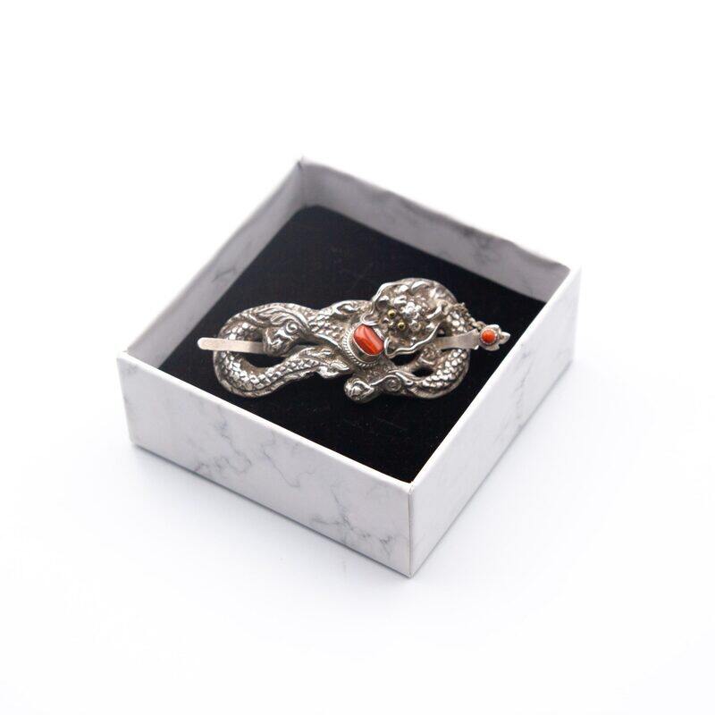 Exquisite 925 Sterling Silver Vintage Chinese Carved Dragon with Coral Belt Buckle, Silver