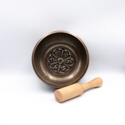 Authentic Himalayan Dharmachakra Singing Bowl Single Set with Traditional Wooden Striker, Brown