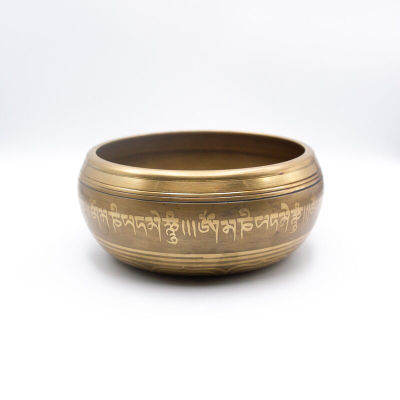 Authentic Himalayan Handcrafted Dharmachakra Singing Bowl Single Set with Traditional Wooden Striker, Gold