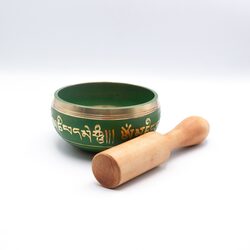 Authentic Himalayan Vibrant Handcrafted Singing Bowl Single Set with Traditional Wooden Striker, Green/Gold