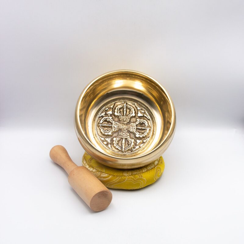 Authentic Himalayan Golden Shining Vajra Singing Bowl Single Set Handcrafted in Nepal (485 grams) Includes Traditional Wooden Striker and Silk Cushion Included.