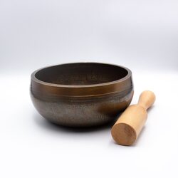 Authentic Himalayan Dharmachakra Singing Bowl Single Set with Traditional Wooden Striker, Brown