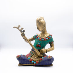 Exquisite Musician Lady Vina Idol Handcrafted Brass Statue with Gemstones, Multicolour