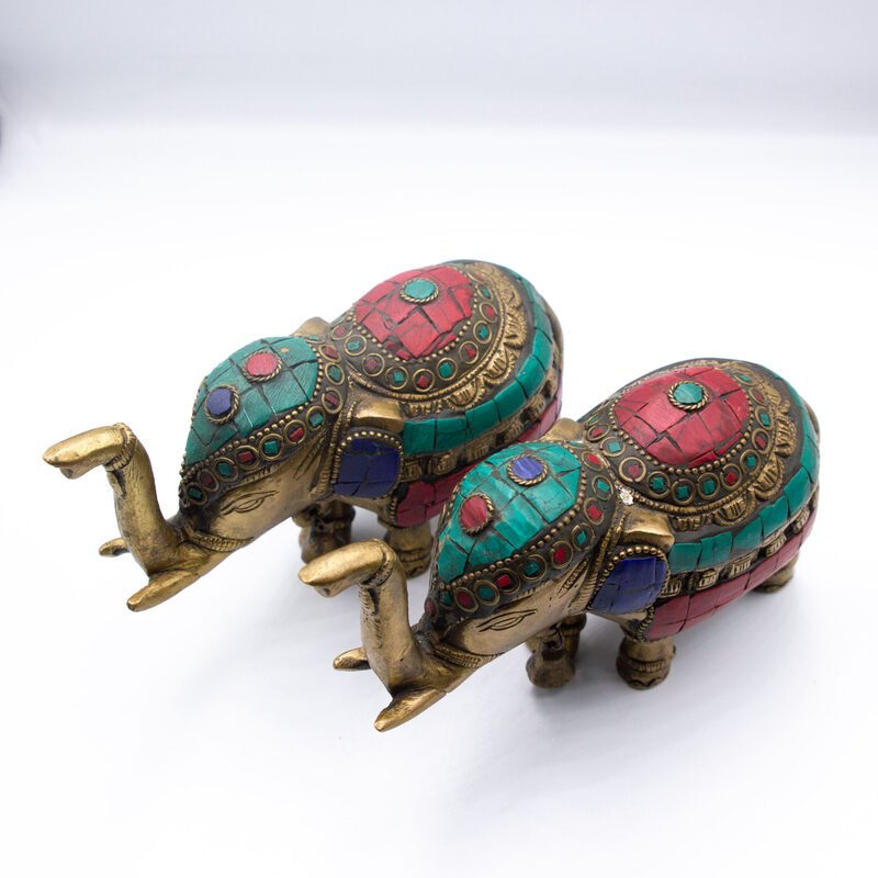 Engraved Antique Brass Elephant Figurines with Crystal Fittings, 2 Piece, Multicolour