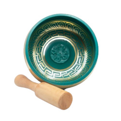 Authentic Himalayan Handcrafted Vibrant Singing Bowl Single Set with Traditional Wooden Striker, Green