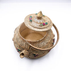 Handmade Antique Nepali Silver Inlaid Gemstone Filigree Teapot, Gold