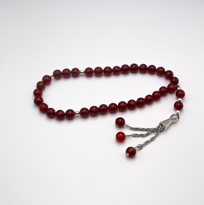 Natural Carnelian Crystal Tasbih Prayer Beads (8mm–33 Beads), Red