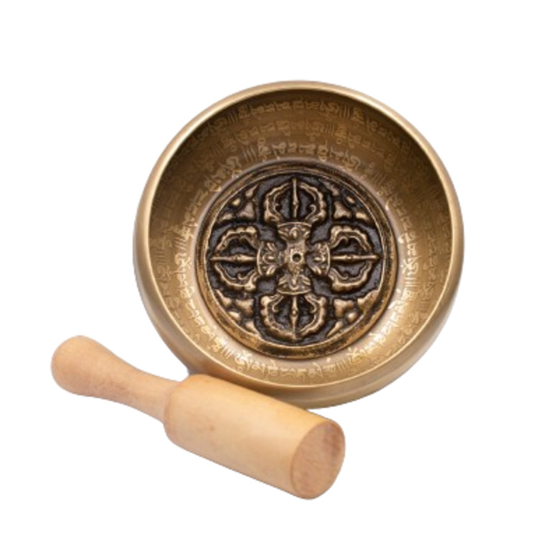 Authentic Himalayan Handcrafted Vajra Singing Bowl Single Set with Traditional Wooden Striker, Gold