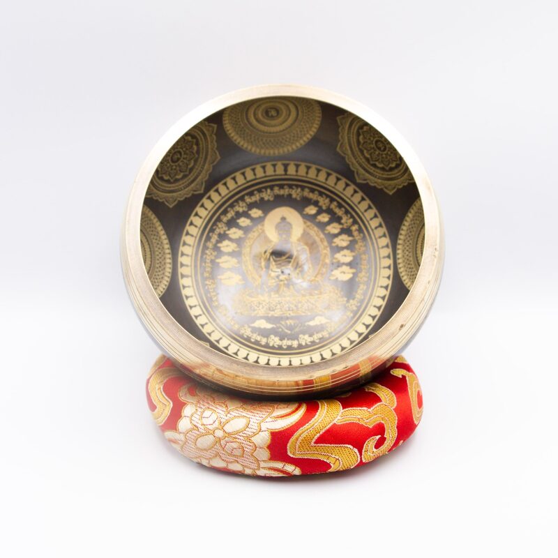 Authentic Himalayan Handcrafted Buddha Singing Bowl Single Set with Traditional Wooden Striker & Silk Cushion, Gold