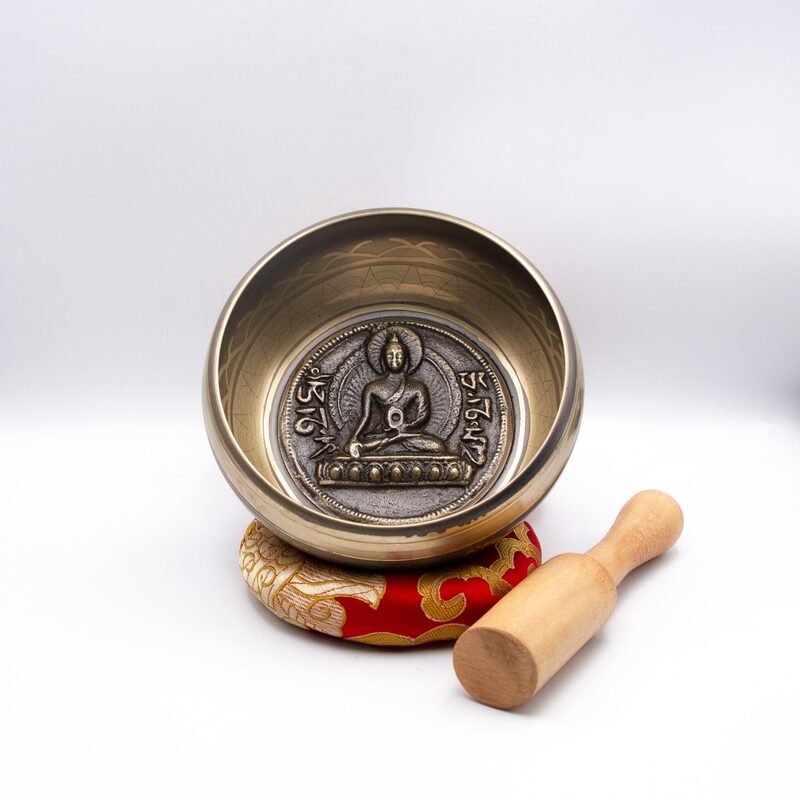 Authentic Himalayan Buddha Singing Bowl Single Set Handcrafted in Nepal (482 grams), Golden Bronze Includes Traditional Wooden Striker and Silk Cushion Included.