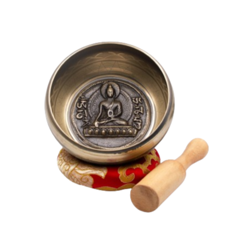 Authentic Himalayan Buddha Singing Bowl Single Set Handcrafted in Nepal (482 grams), Golden Bronze Includes Traditional Wooden Striker and Silk Cushion Included.