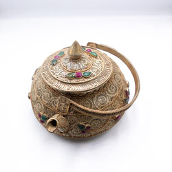 Handmade Antique Nepali Silver Inlaid Gemstone Filigree Teapot, Gold