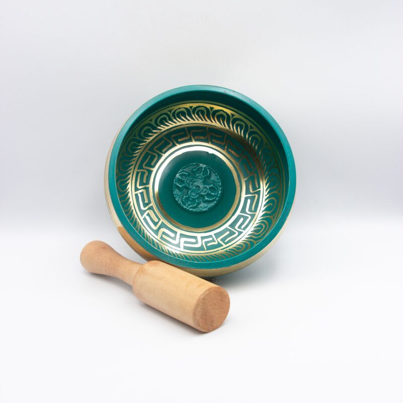 Authentic Himalayan Handcrafted Vibrant Singing Bowl Single Set with Traditional Wooden Striker, Green