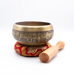 Authentic Himalayan Handcrafted Scripts Engraved Singing Bowl Single Set with Traditional Wooden Striker & Silk Cushion, Gold