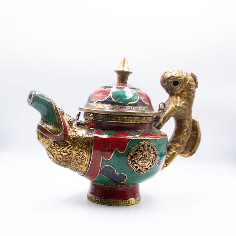 

Generic Exquisite Brass Lapis Coral Lab Created Gemstone Tibetan Style Kettle, Multicolour