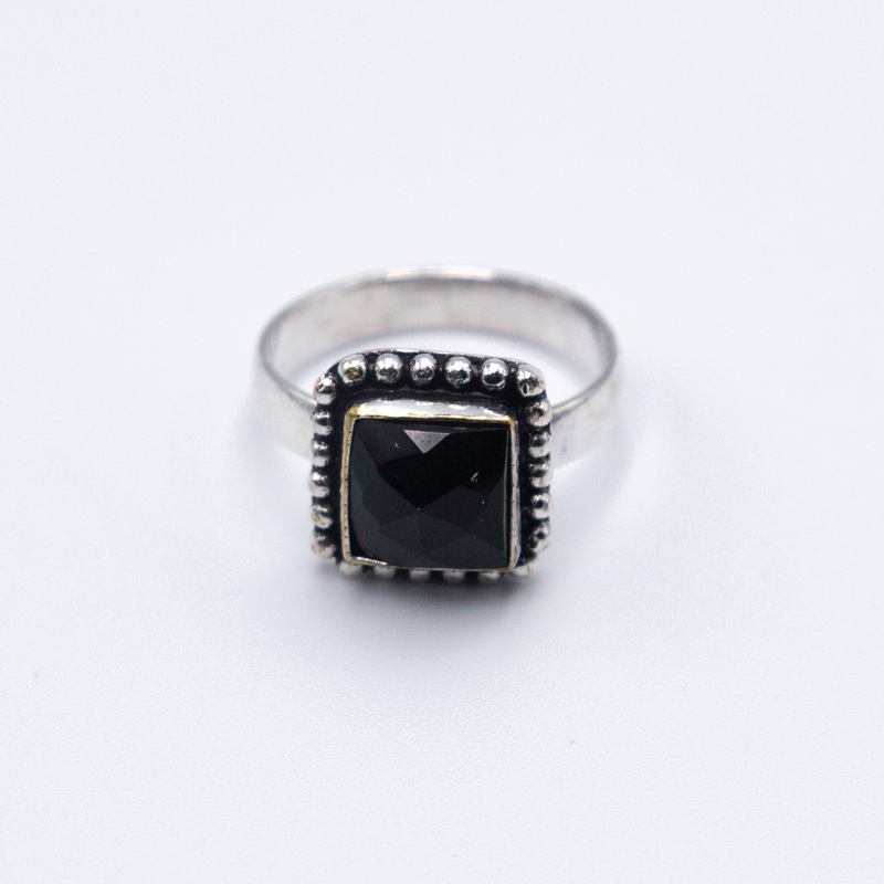 Natural Black Tourmaline Crystal Ring with Silver Linings Unisex, Black/Silver