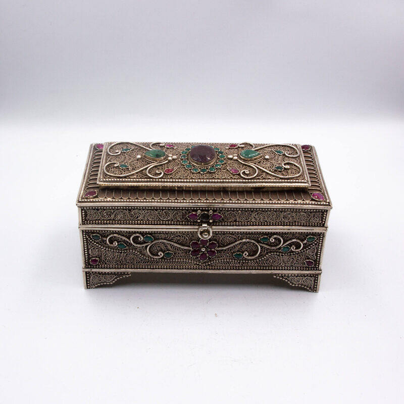 

Generic Exquisite Pure Silver Filigree Inlay Jewel Jewellery Storage Box, Multicolour
