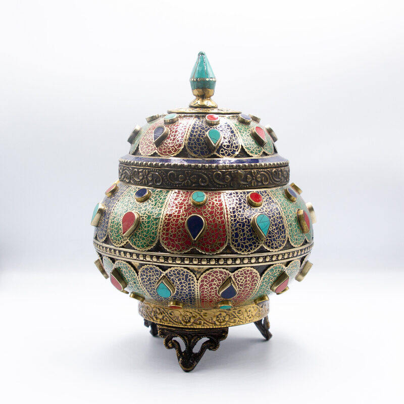 

Generic Antique Filgree Treasure Pot Jar with Rubies, Emeralds, Gemstones, Lapis Lazuli Crystal, Multicolour