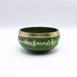 Authentic Himalayan Vibrant Handcrafted Singing Bowl Single Set with Traditional Wooden Striker, Green/Gold