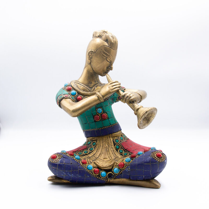 Exquisite Musician Lady Shehnai Idol Handcrafted Brass Statue with Gemstones, Multicolour