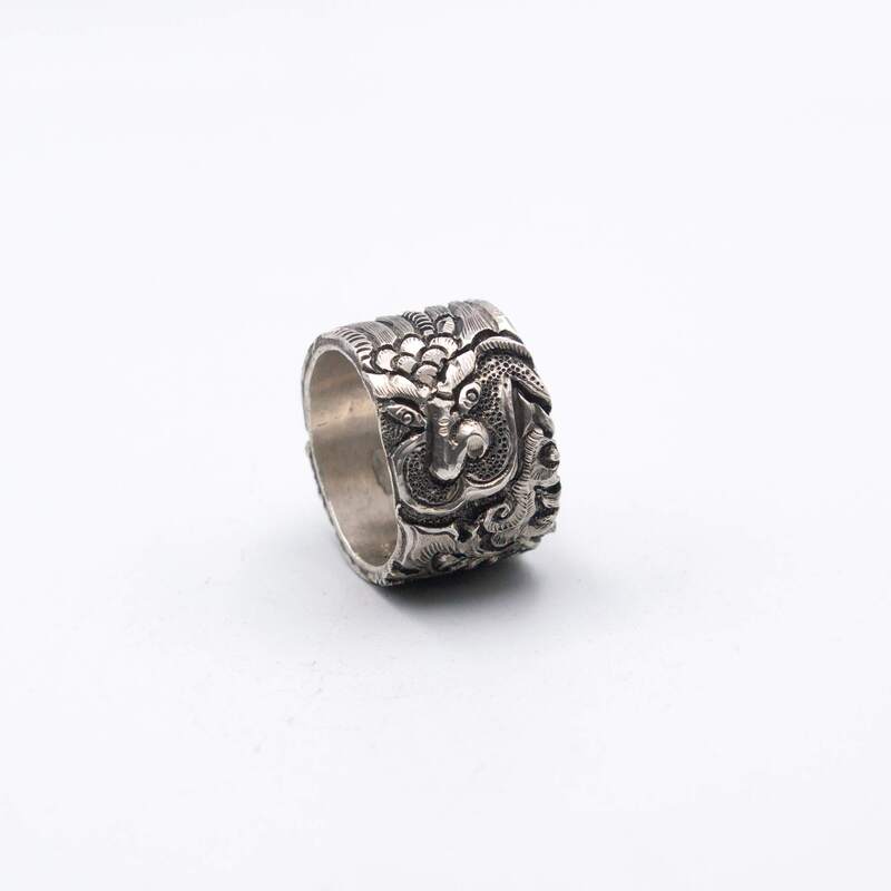 Antique Handcrafted 925 Sterling Silver Engraved Dragon Ring for Men, Silver