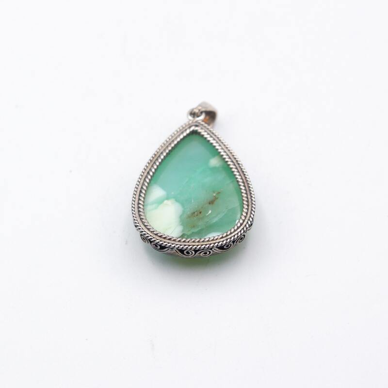 925 Sterling Silver Vintage Real Chrysoprase Quartz Crystal Pendant, 17.1gm, Blue/Silver