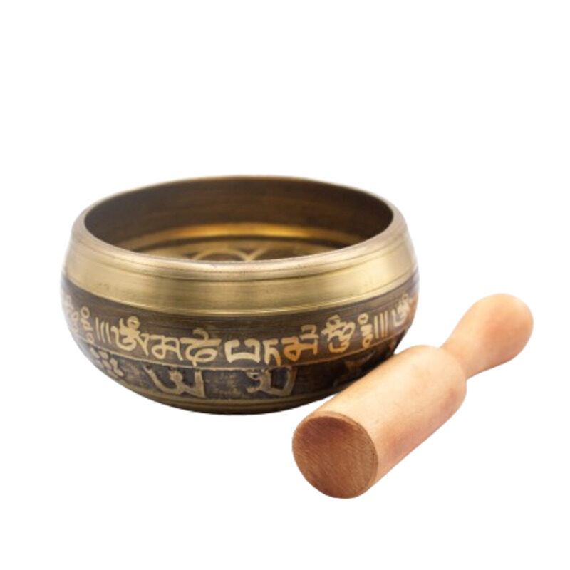 

Generic Authentic Himalayan Handcrafted Scripts Engraved Singing Bowl Single Set with Traditional Wooden Striker, Gold