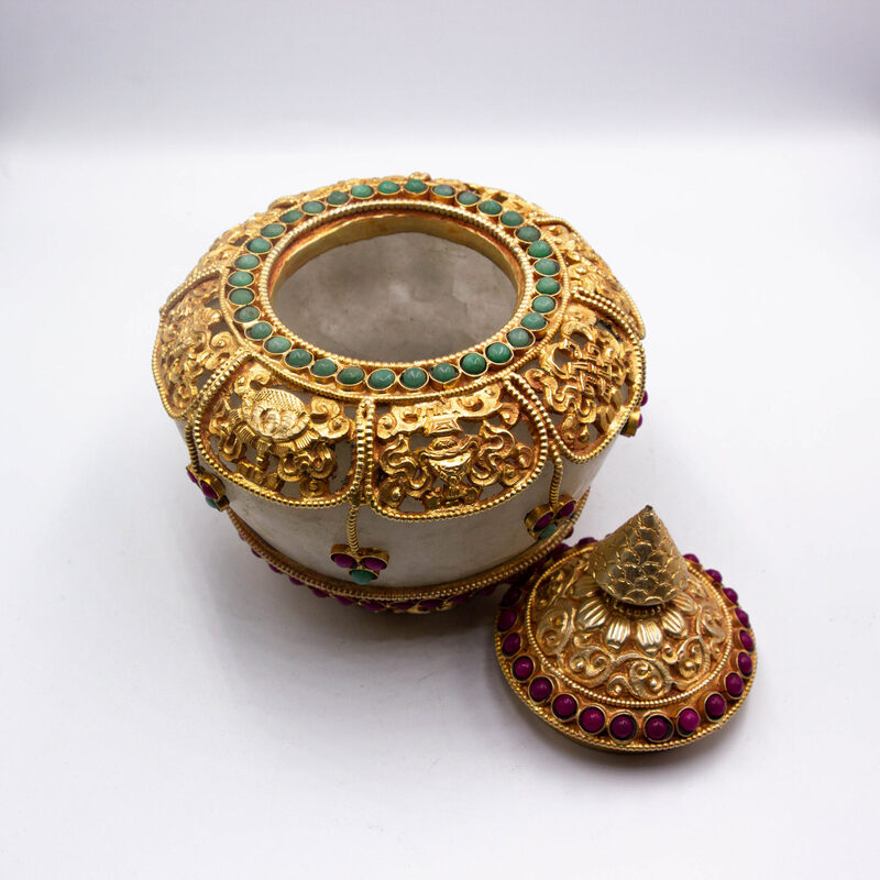 Antique Ornate Jewel Encrusted Decorator Container Crystal Filgree Bowl with Lid, Gold & Silver Plated Inlay, Crystal Quartz, Rubies, Emeralds, Large, Multicolour