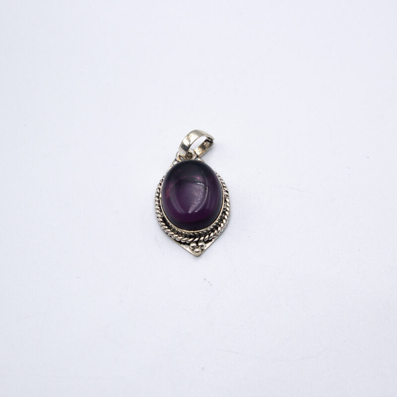 Natural Amethyst Crystal Locket with Pure Silver Decoration (Oval shaped) Unisex, 7.1gm, Silver/Black