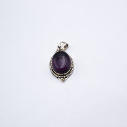 Natural Amethyst Crystal Locket with Pure Silver Decoration (Oval shaped) Unisex, 7.1gm, Silver/Black