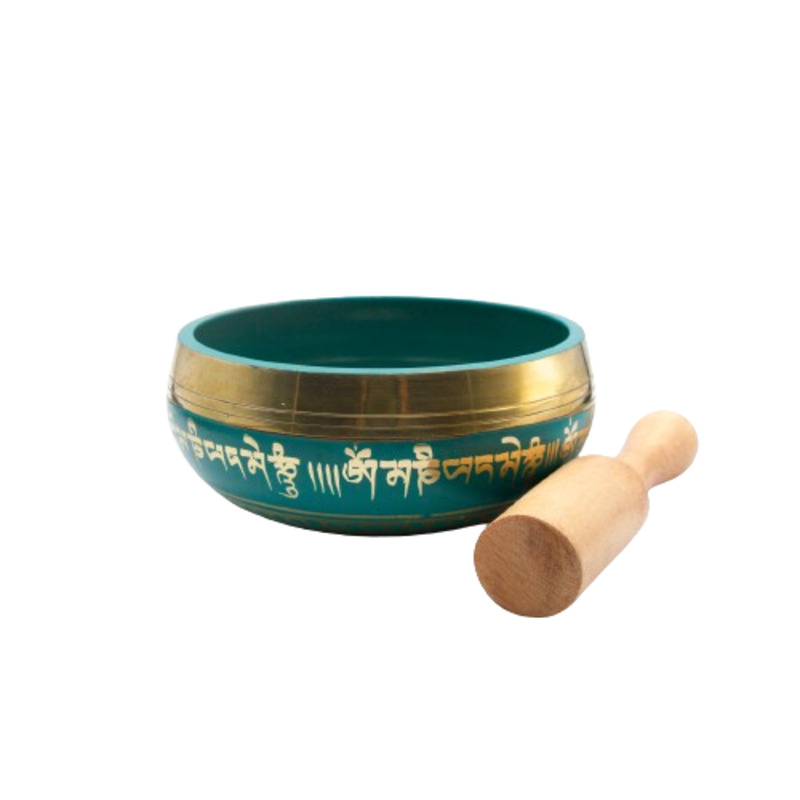 Authentic Himalayan Handcrafted Vibrant Singing Bowl Single Set with Traditional Wooden Striker, Green