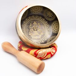 Authentic Himalayan Handcrafted Ganesh Singing Bowl Single Set with Traditional Wooden Striker & Silk Cushion, Gold