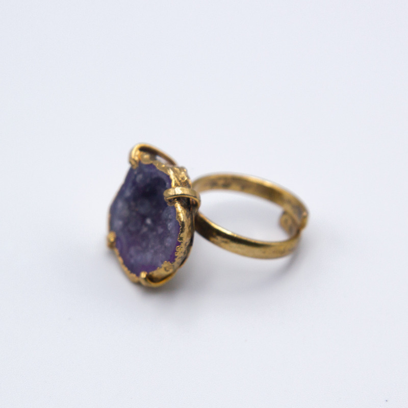 Natural Raw Amethyst Crystal Ring Unisex, Gold/Purple