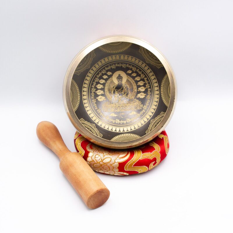 Authentic Himalayan Handcrafted Buddha Singing Bowl Single Set with Traditional Wooden Striker & Silk Cushion, Gold