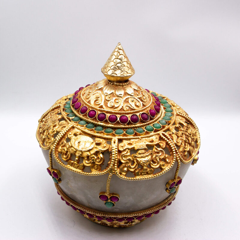 Antique Ornate Jewel Encrusted Decorator Container Crystal Filgree Bowl with Lid, Gold & Silver Plated Inlay, Crystal Quartz, Rubies, Emeralds, Large, Multicolour