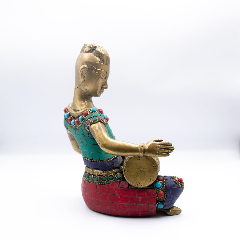 Exquisite Musician Lady Drum Idol Handcrafted Brass Statue with Gemstones, Multicolour