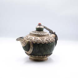 Masterpiece Handmade Silver Jade Stone Ancient Tea Pot Kettle, Multicolour