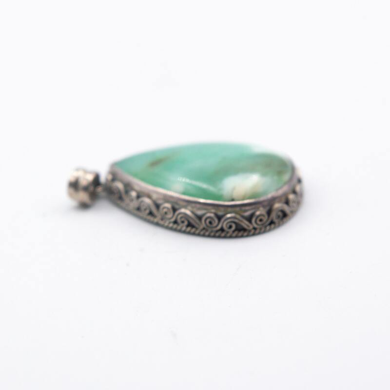 925 Sterling Silver Vintage Real Chrysoprase Quartz Crystal Pendant, 17.1gm, Blue/Silver