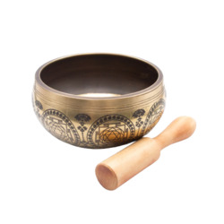 Authentic Himalayan Handcrafted Bodhisattva Singing Bowl Single Set with Traditional Wooden Striker, Gold