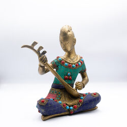 Exquisite Musician Lady Vina Idol Handcrafted Brass Statue with Gemstones, Multicolour